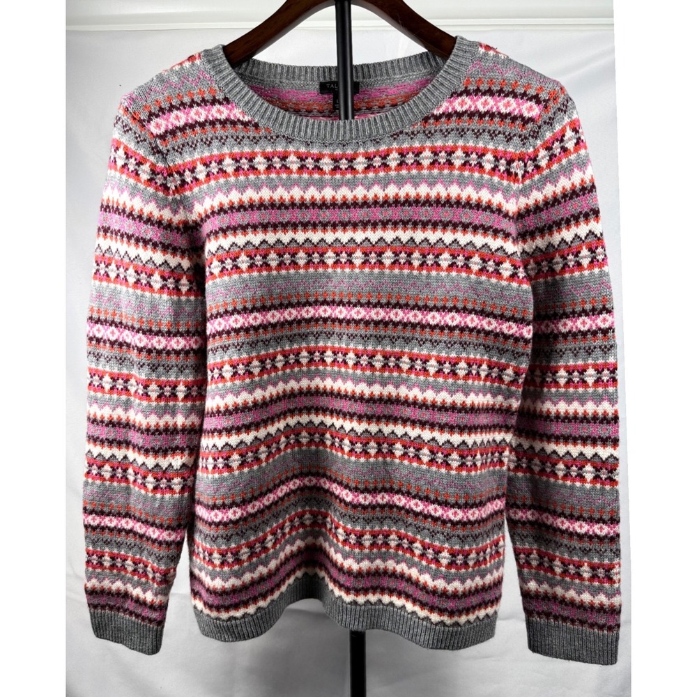 Talbots Women LP Fair Isle Sweater Grey Pink Lambswool Blend Holiday Preppy Cozy